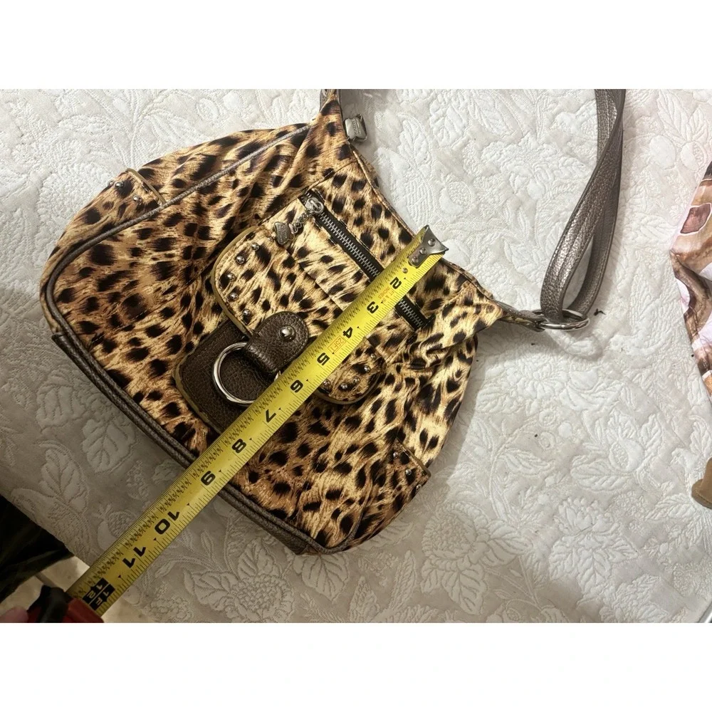 Kathy Van Zeeland Leopard Print Hobo Bag Y2K Studded Shoulder Purse Brown